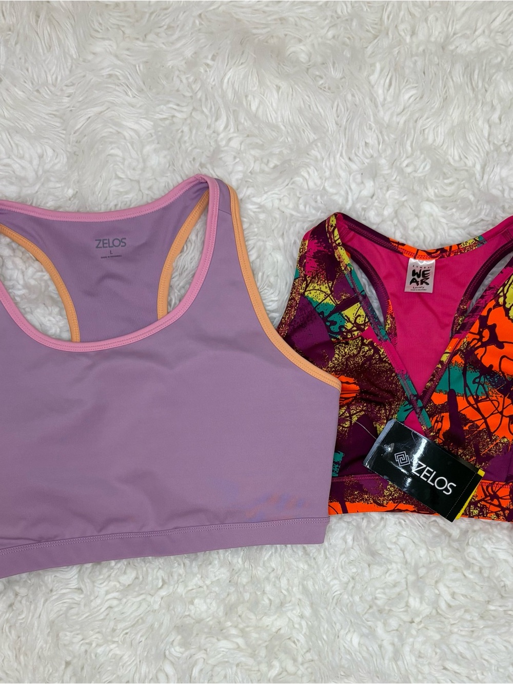 2pc Sports Bra Bundle: Zelos NWT Purple & Zumba Wear Neon Print Size